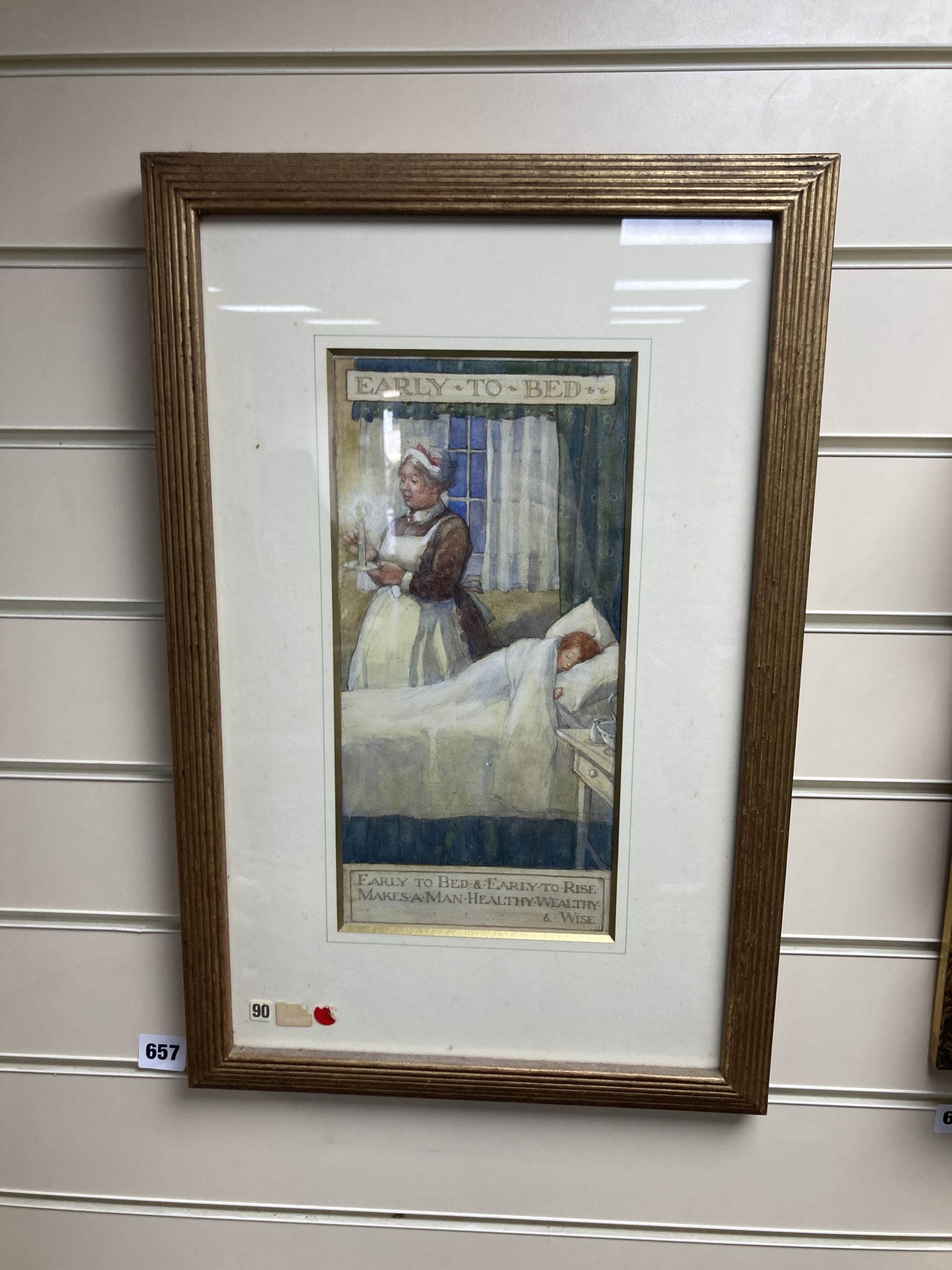 Early 19th century English School, watercolour for a book illustration, Early to Bed ..., 33 x 16cm